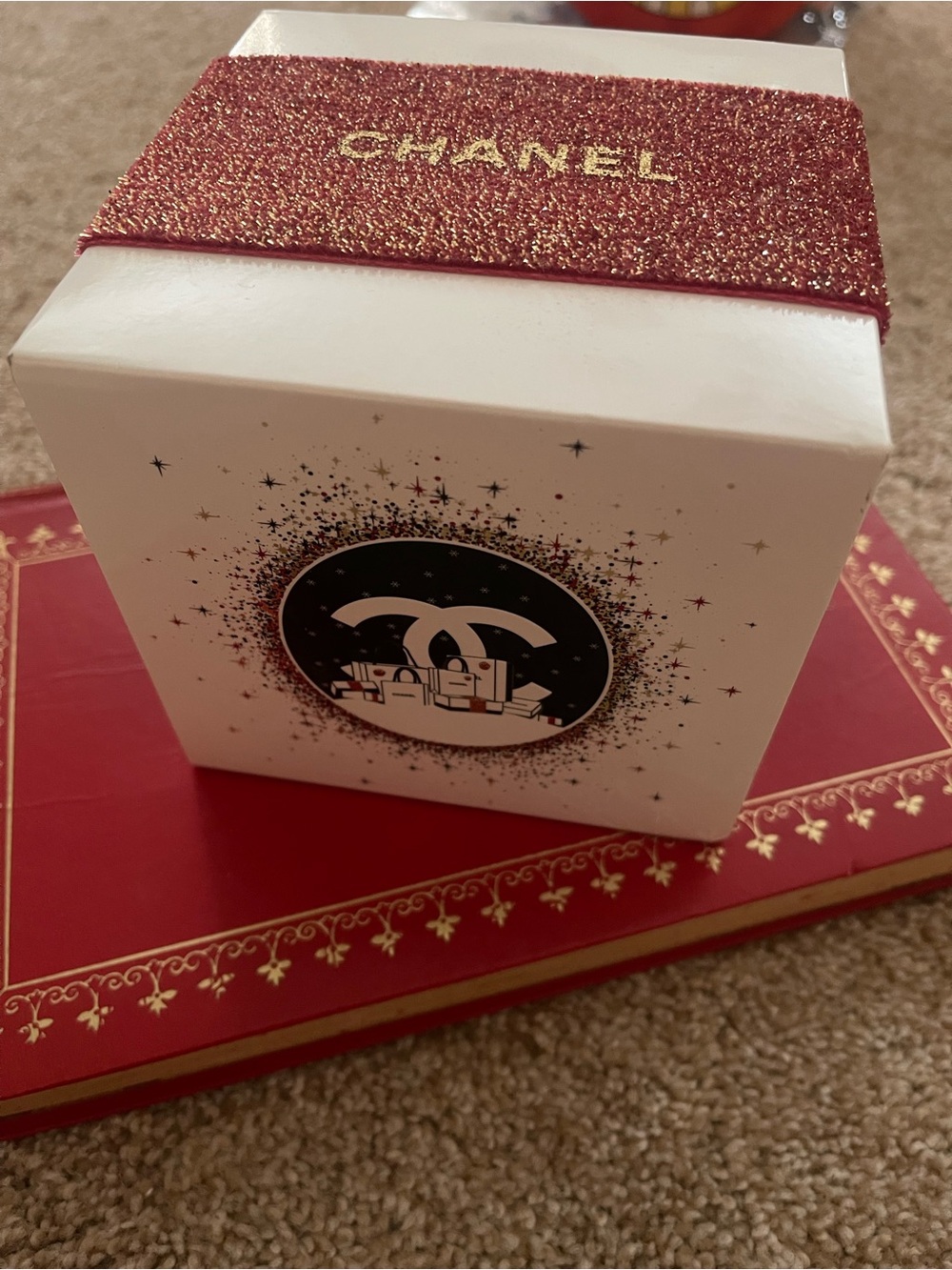 CHANEL Limited Edition Gift Box with Red Glittery Ribbon